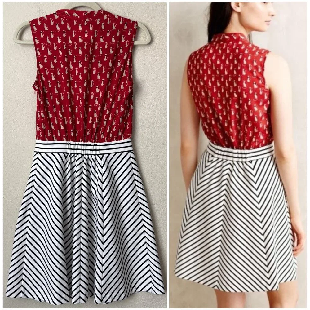 Anthropologie Tabitha Cat Gatto Printed Novelty Dress Striped Tie Neck HTF Rare - Picture 12 of 15